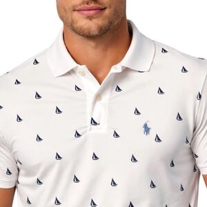 Polo Ralph Lauren Shirt Mens L White Sailboat Slim Fit Nautical Blue Pony AOP